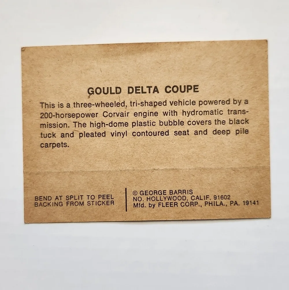 💎 Vintage 1970 Fleer GEORGE BARRIS Kustom City Sticker - GOULD DELTA COUPE 🏎️